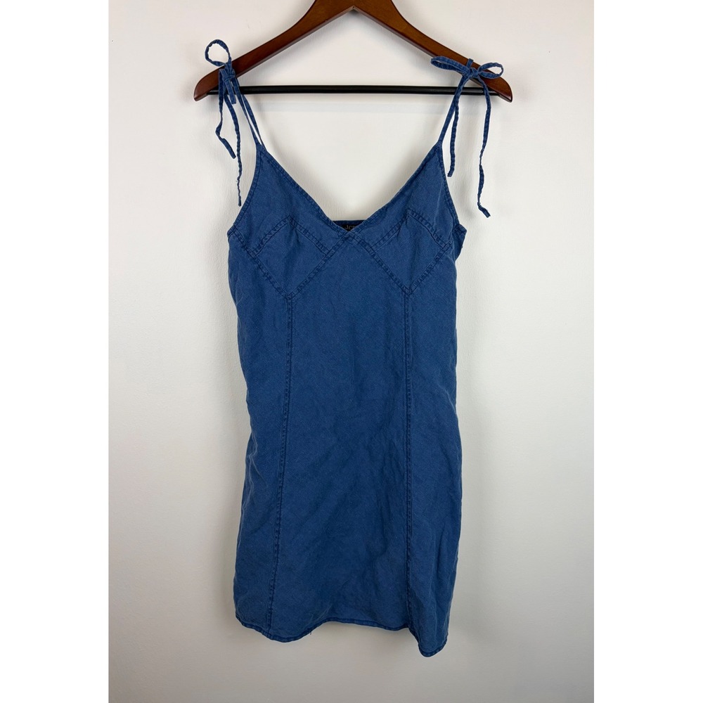 J.Crew Linen Mini Dress 10 Indigo Blue‎ Tie Strap V-Neck Side Zip CA560 Summer